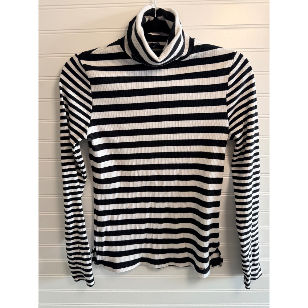 Tommy Hilfiger Black White Striped Ribbed Turtleneck Long Sleeve Top Small